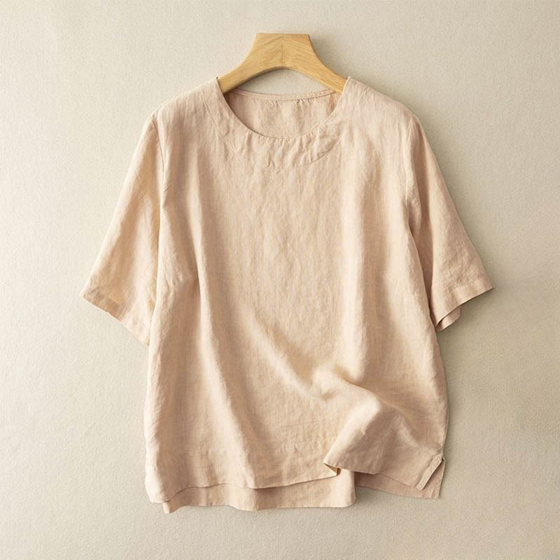 Buddha Stones Simple Plain Short Sleeve Crew Neck Side Slit Cotton Women's T-Shirt - Khaki - US12,UK/AU16,EU44 (3XL) - image 3