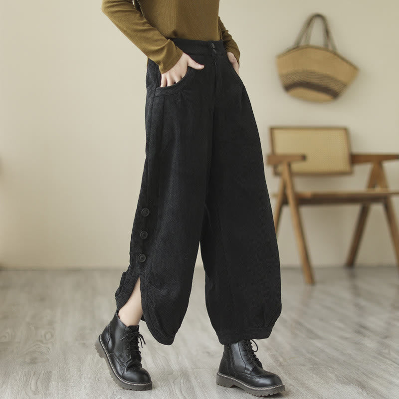 Buddha Stones Casual Buttons Leg Opening Design Women's Corduroy Pants With Pockets - Black - US8-10,UK/AU12-14,EU40-42 (2XL) - image 6