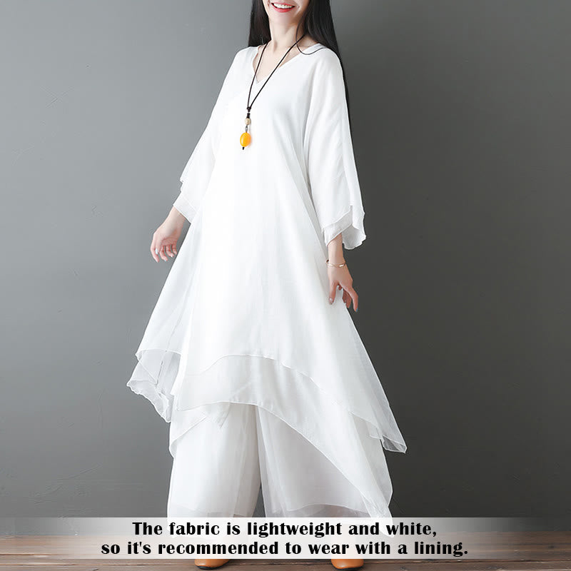 Buddha Stones V-Neck Midi Tunic Dress Wide Leg Pants Meditation Zen Practice Dance Clothing - image 1