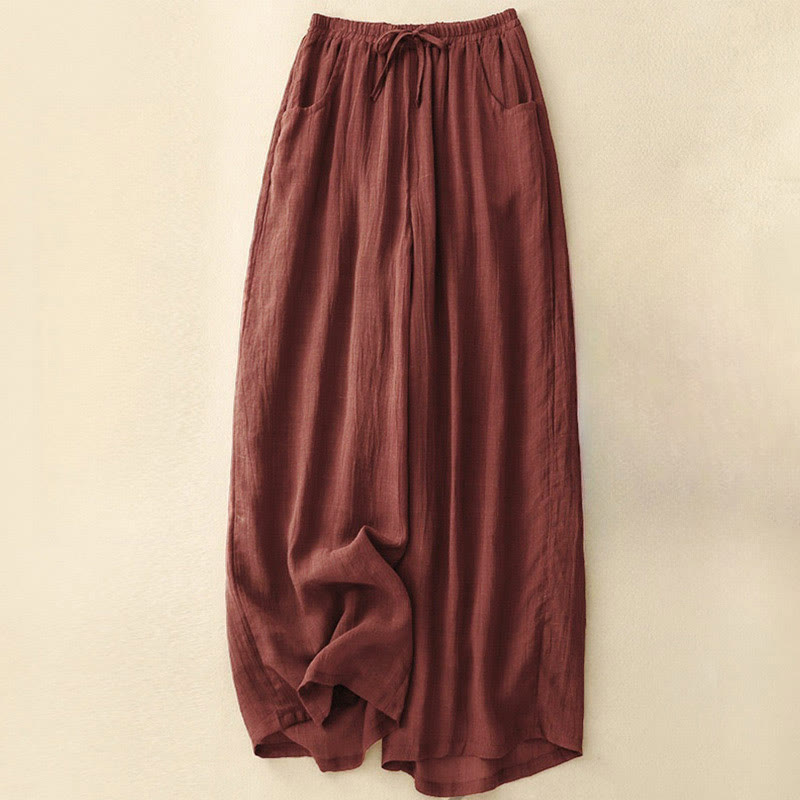 Buddha Stones Spring Pure Color Drawstring Double Layer Cotton Women's Wide Leg Pants With Pockets - FireBrick - US8-10,UK/AU12-14,EU40-42 (2XL) - image 1