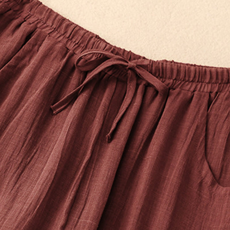 Buddha Stones Spring Pure Color Drawstring Double Layer Cotton Women's Wide Leg Pants With Pockets - image 5
