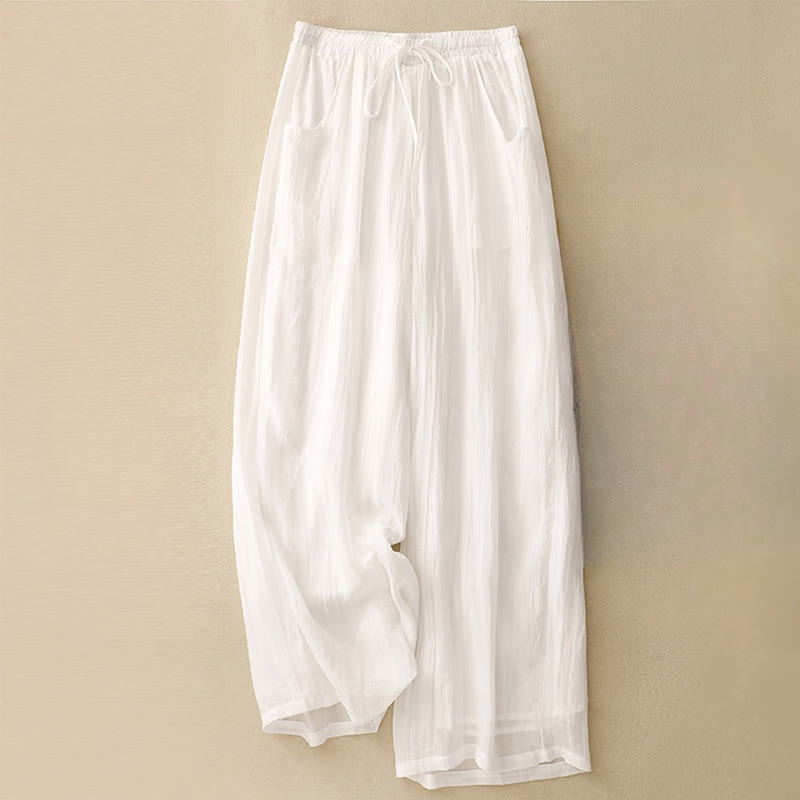 Buddha Stones Spring Pure Color Drawstring Double Layer Cotton Women's Wide Leg Pants With Pockets - White - US8-10,UK/AU12-14,EU40-42 (2XL) - image 8