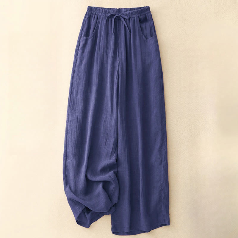 Buddha Stones Spring Pure Color Drawstring Double Layer Cotton Women's Wide Leg Pants With Pockets - Indigo - US8-10,UK/AU12-14,EU40-42 (2XL) - image 16