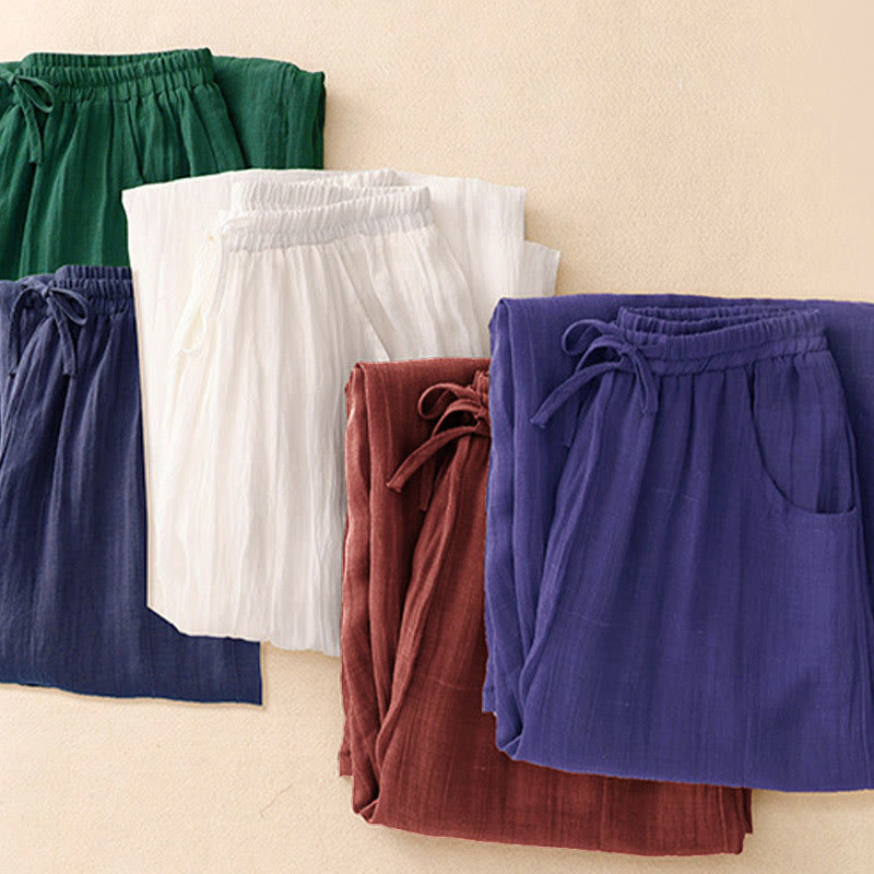 Buddha Stones Spring Pure Color Drawstring Double Layer Cotton Women's Wide Leg Pants With Pockets - image 22