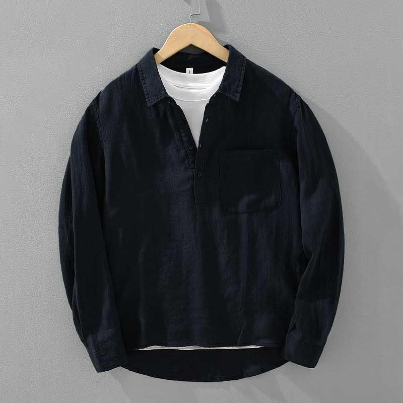 Buddha Stones Solid Color Loose Long Sleeve Half Button Shirt Linen Men Clothing - DarkBlue - US/UK/AU42,EU52 (3XL) - image 9