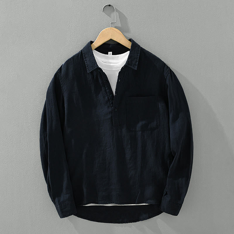Buddha Stones Solid Color Loose Long Sleeve Half Button Shirt Linen Men Clothing - image 14