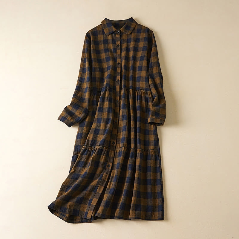 Buddha Stones Casual Contrast Color Plaid Buttons Design Cotton Linen Midi Dress With Pockets - DarkGoldenrod - US8-10,UK/AU12-14,EU40-42 (2XL) - image 1