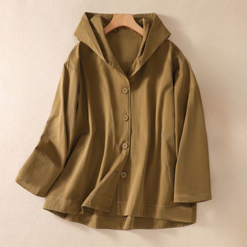 Buddha Stones Pure Color Hooded Buttons Women's Cotton Jacket With Pockets - DarkGoldenrod - US14,UK/AU18,EU46 (2XL) - image 2