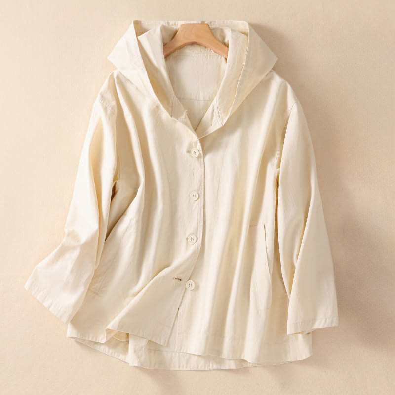 Buddha Stones Pure Color Hooded Buttons Women's Cotton Jacket With Pockets - OldLace - US14,UK/AU18,EU46 (2XL) - image 7