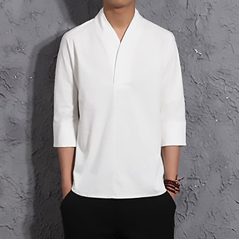 Buddha Stones Casual V-Neck Three Quarter Sleeve Shirt Cotton Men Clothing - White - US/UK/AU46,EU56 (5XL) - image 2