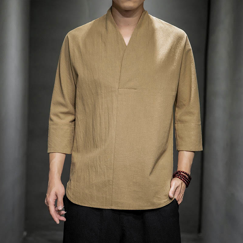 Buddha Stones Casual V-Neck Three Quarter Sleeve Shirt Cotton Men Clothing - BurlyWood - US/UK/AU46,EU56 (5XL) - image 1