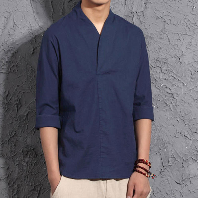 Buddha Stones Casual V-Neck Three Quarter Sleeve Shirt Cotton Men Clothing - image 10
