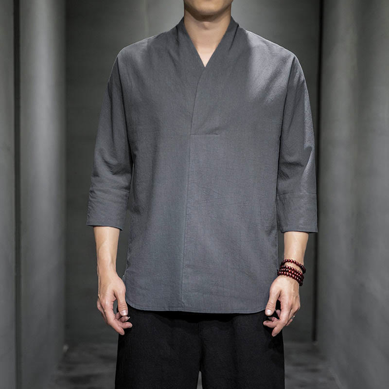 Buddha Stones Casual V-Neck Three Quarter Sleeve Shirt Cotton Men Clothing - Gray - US/UK/AU46,EU56 (5XL) - image 5