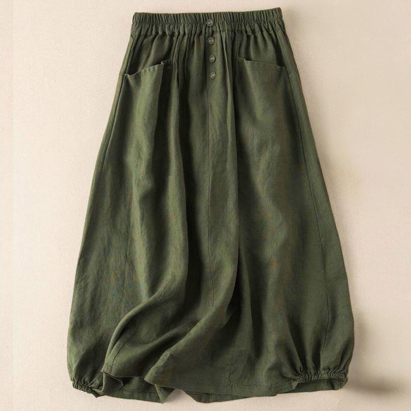 Buddha Stones Summer Solid Button Elastic Waist 7-8 Length Women's Skirt With Pockets - DarkOliveGreen - US16,UK/AU20,EU48 (5XL) - image 5
