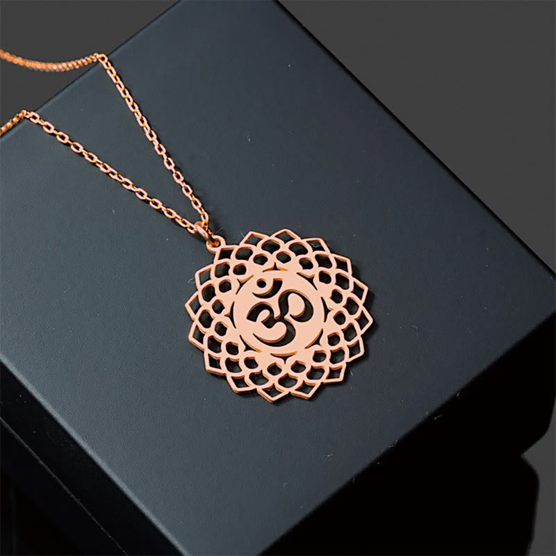 Buddha Stones Hollow Lotus Design Om Symbol Stainless Steel Connection Necklace Pendant - Rose Gold - image 15