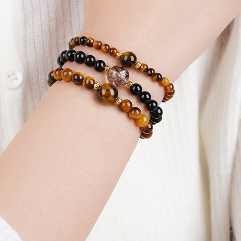 Buddha Stones Tiger Eye Black Obsidian Courage Beads Bracelet - image 11