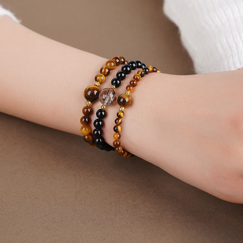 Buddha Stones Tiger Eye Black Obsidian Courage Beads Bracelet - image 5