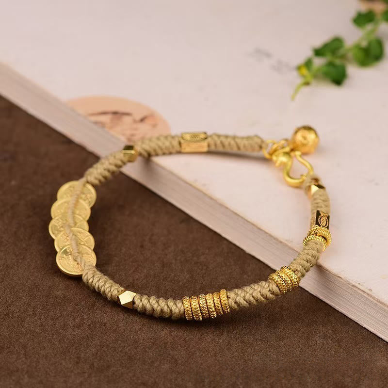 Buddha Stones Handmade Five Emperor Coins Wealth String Braided Bracelet - Yellow Rope(Wrist Circumference: 15-19cm) - image 6