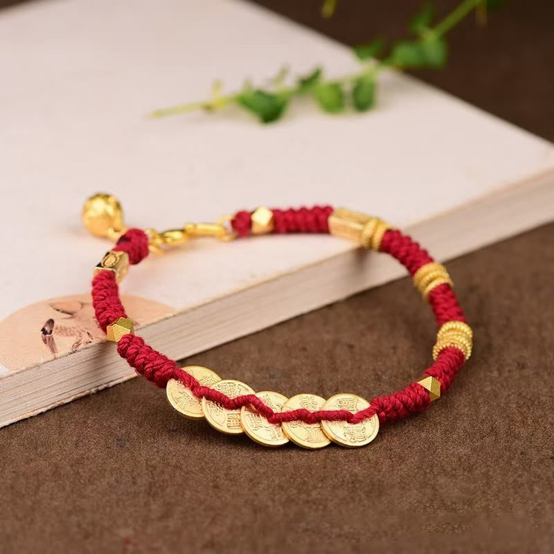 Buddha Stones Handmade Five Emperor Coins Wealth String Braided Bracelet - Red Rope(Wrist Circumference: 15-19cm) - image 1