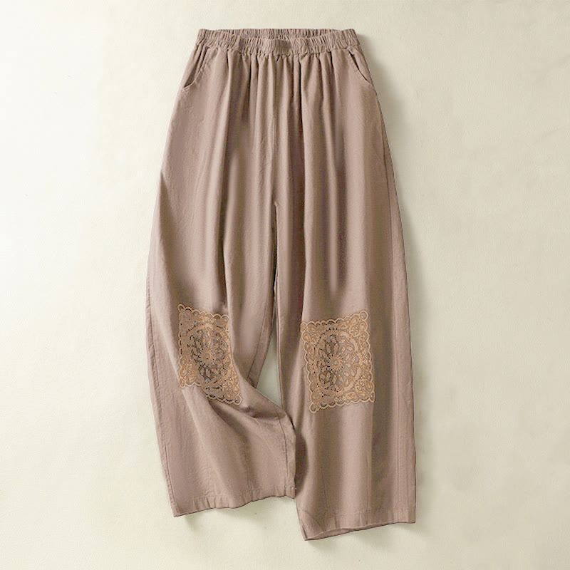 Buddha Stones Vintage Summer Casual Embroidery Paisley Pattern Women's Cotton Linen Harem Pants With Pockets - Chocolate - US8-10,UK/AU12-14,EU40-42 (2XL) - image 0