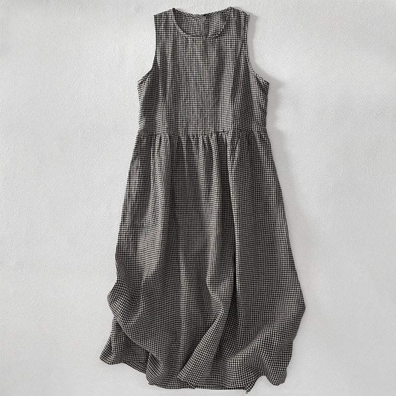 Buddha Stones Casual Plain Handmade Plaid Midi Dress Cotton Sleeveless Dress With Pockets - DimGray - US16,UK/AU20,EU48 (3XL) - image 9