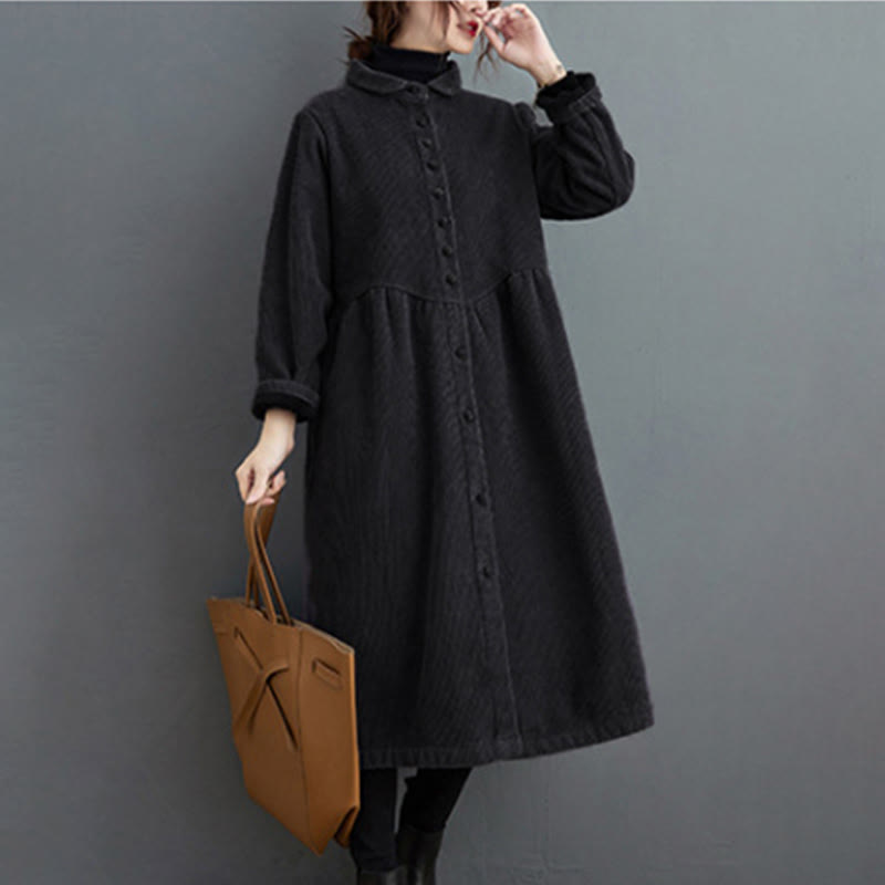 Buddha Stones Plain Buttons Long Sleeve Women's Corduroy Fleece-Lined Coat With Pockets - image 3