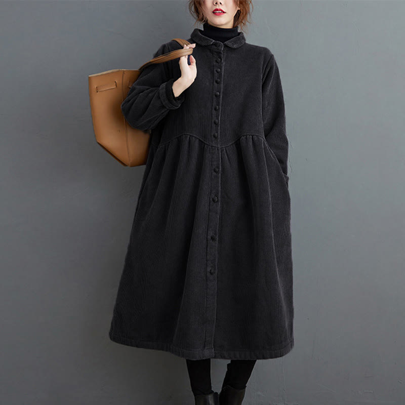 Buddha Stones Plain Buttons Long Sleeve Women's Corduroy Fleece-Lined Coat With Pockets - image 5