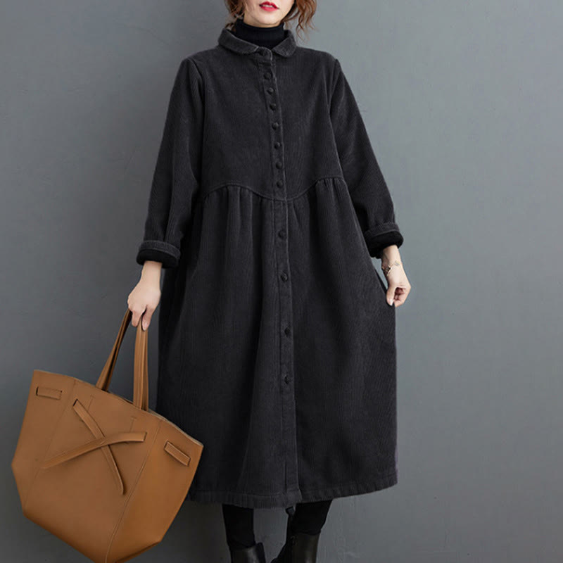 Buddha Stones Plain Buttons Long Sleeve Women's Corduroy Fleece-Lined Coat With Pockets - image 6