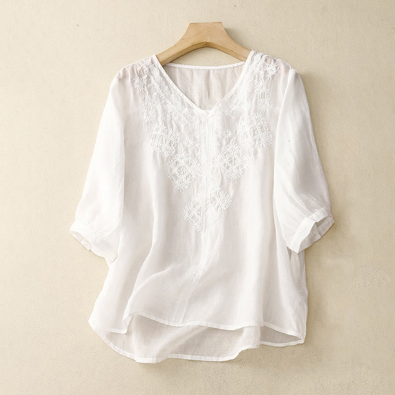 Buddha Stones V-Neck Lines Embroidery Women's Half Sleeve Shirt - White - US12,UK/AU16,EU44 (2XL) - image 16