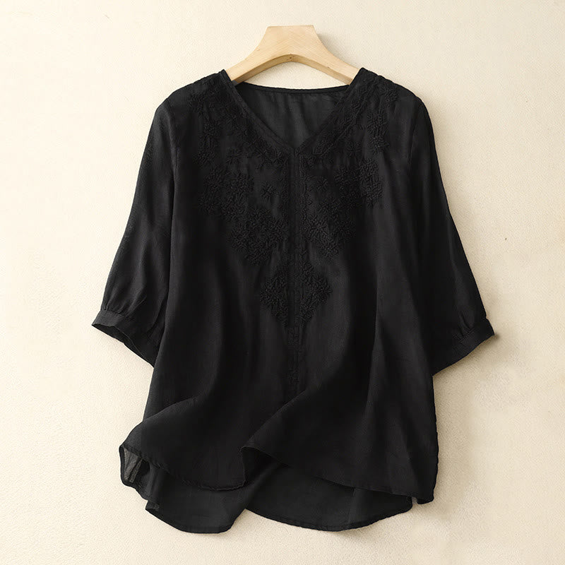 Buddha Stones V-Neck Lines Embroidery Women's Half Sleeve Shirt - Black - US12,UK/AU16,EU44 (2XL) - image 12