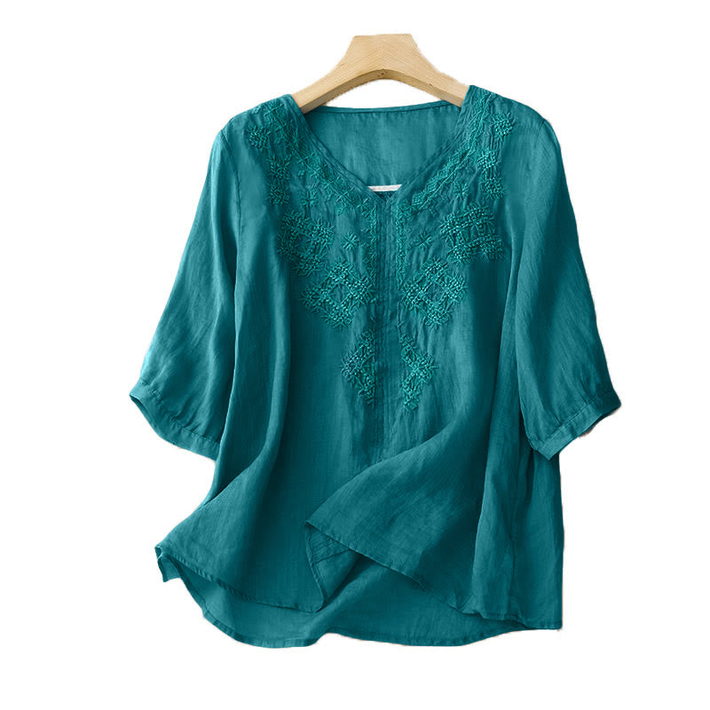 Buddha Stones V-Neck Lines Embroidery Women's Half Sleeve Shirt - image 5