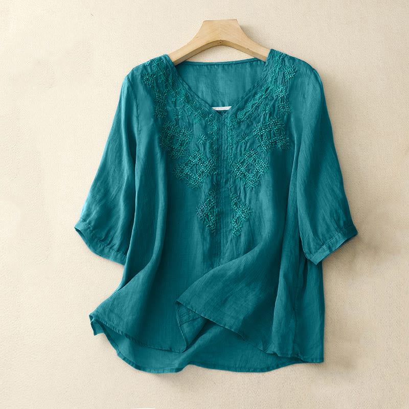 Buddha Stones V-Neck Lines Embroidery Women's Half Sleeve Shirt - DarkTurquoise - US12,UK/AU16,EU44 (2XL) - image 1