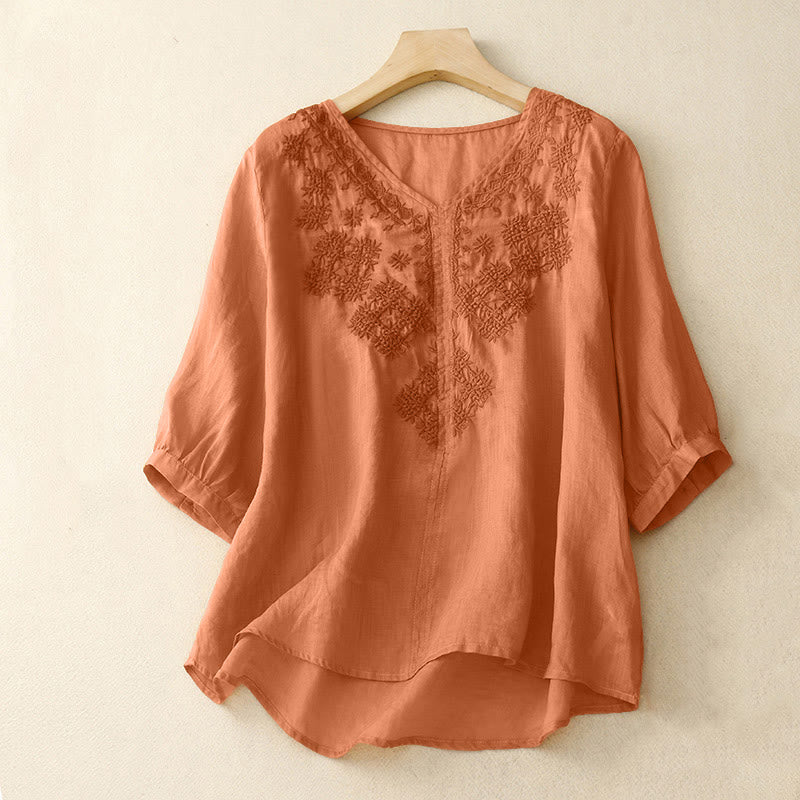Buddha Stones V-Neck Lines Embroidery Women's Half Sleeve Shirt - SandyBrown - US12,UK/AU16,EU44 (2XL) - image 6