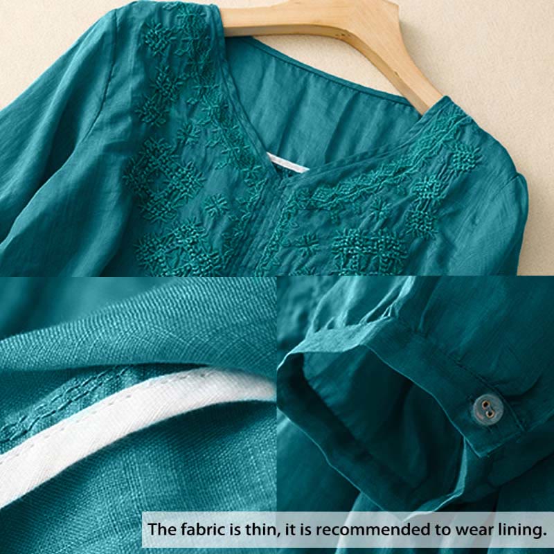 Buddha Stones V-Neck Lines Embroidery Women's Half Sleeve Shirt - image 2
