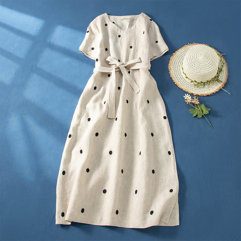 Buddha Stones Casual Dot Pattern Short Sleeve Lace-up Women's Midi Dress With Pockets - Beige - US8-10,UK/AU12-14,EU40-42 (2XL) - image 5