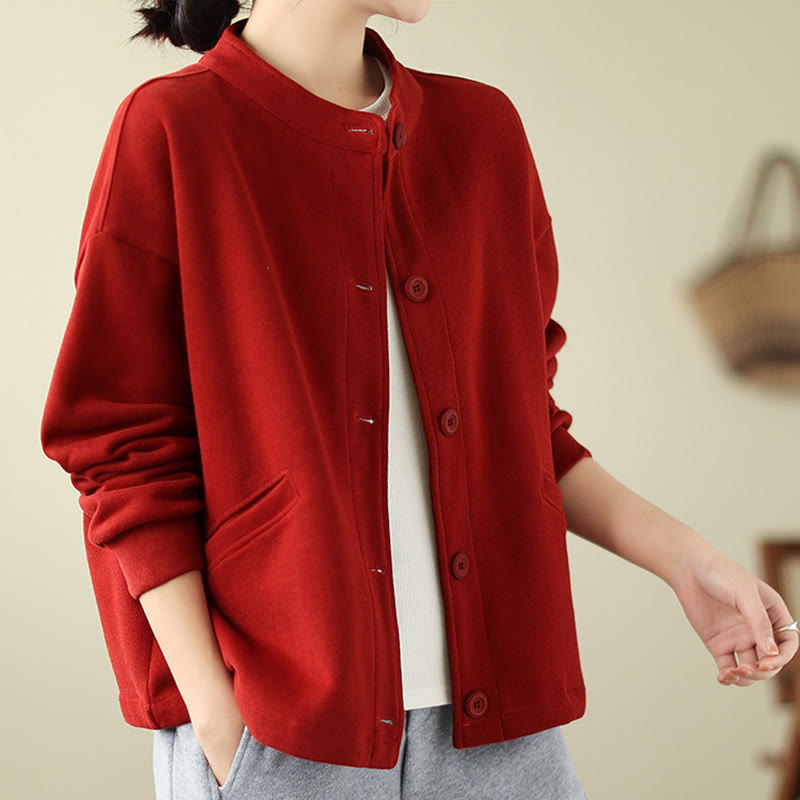 Buddha Stones Solid Color Women's Cotton Buttons Jacket With Pockets - FireBrick - US14,UK/AU18,EU46 (2XL) - image 6