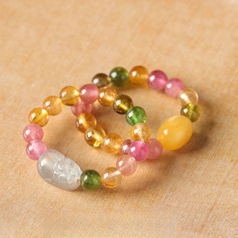 Buddha Stones Natural Tourmaline Lucky Pearl Pixiu Amber Positive Love Ring - image 16