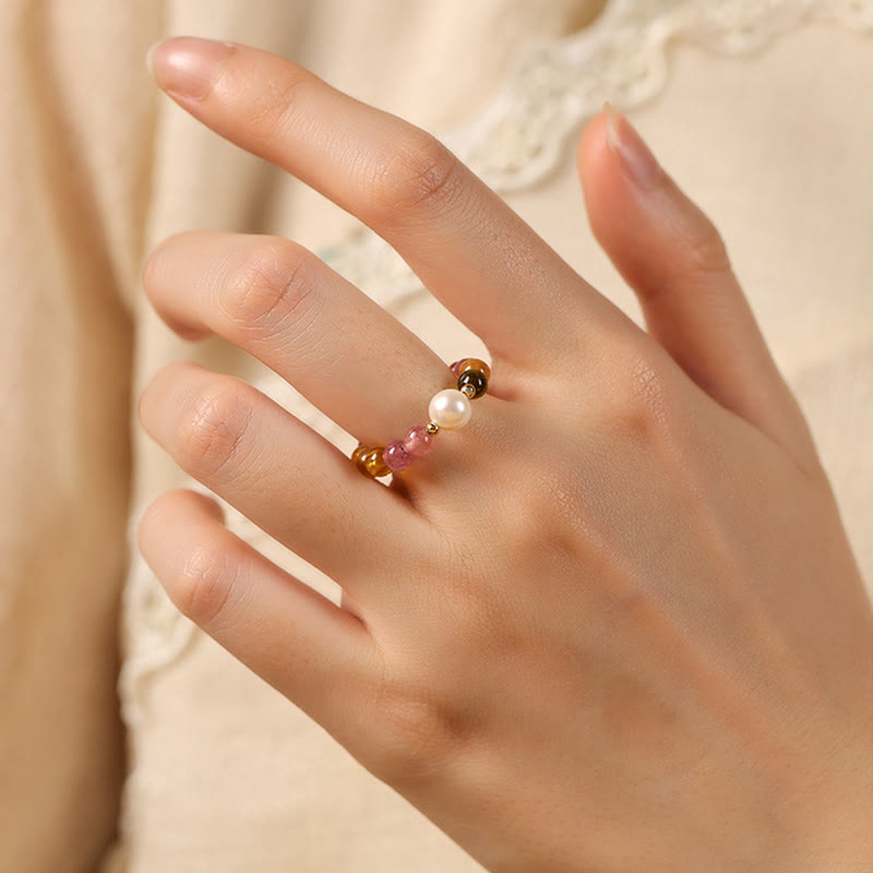 Buddha Stones Natural Tourmaline Lucky Pearl Pixiu Amber Positive Love Ring - image 3