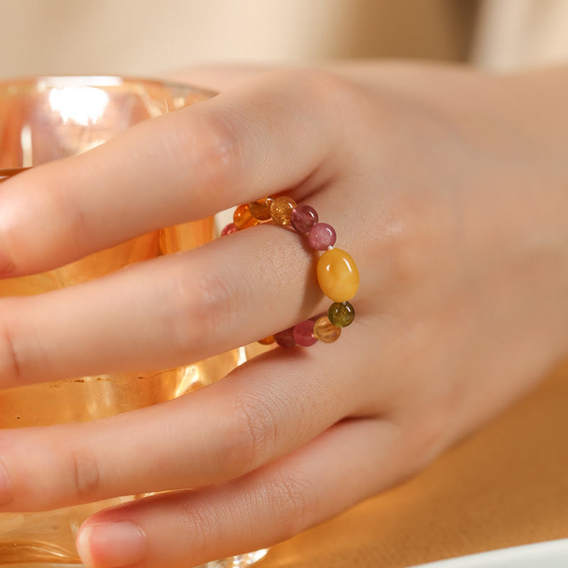 Buddha Stones Natural Tourmaline Lucky Pearl Pixiu Amber Positive Love Ring - image 14