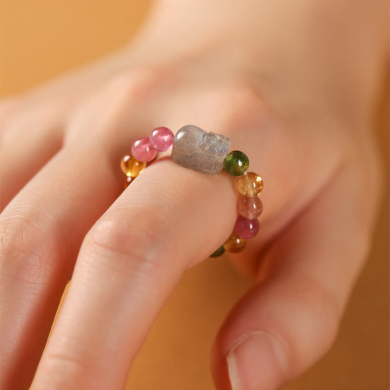 Buddha Stones Natural Tourmaline Lucky Pearl Pixiu Amber Positive Love Ring - image 9