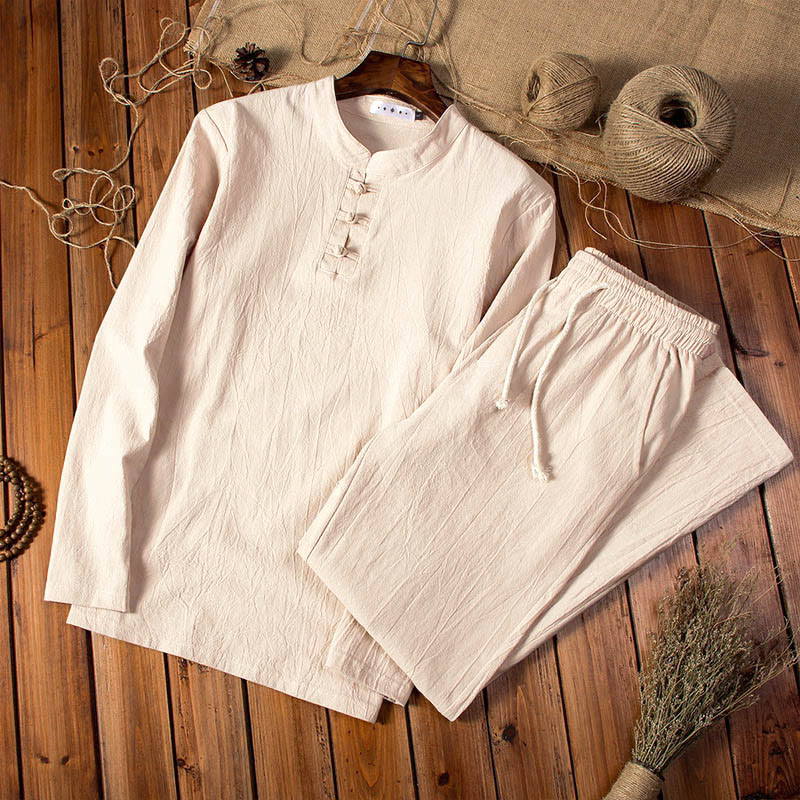 Buddha Stones Pure Color Long Sleeve Top Pants Clothing Men's Set - Moccasin - US/UK/AU44,EU54 (5XL) - image 0