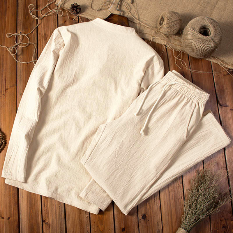 Buddha Stones Pure Color Long Sleeve Top Pants Clothing Men's Set - image 1