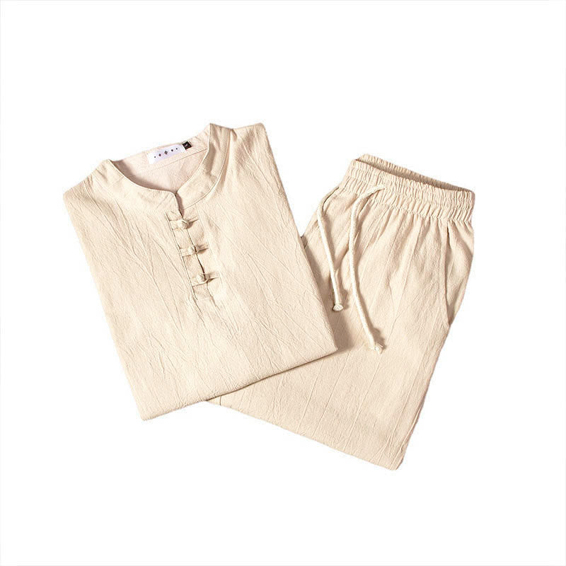 Buddha Stones Pure Color Long Sleeve Top Pants Clothing Men's Set - image 6