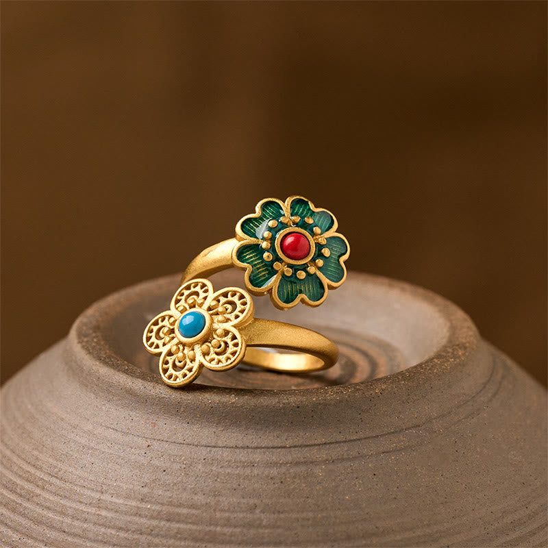 Buddha Stones Double Petals Copper Dripping Turquoise Wealth Ring - Copper Petals - image 0