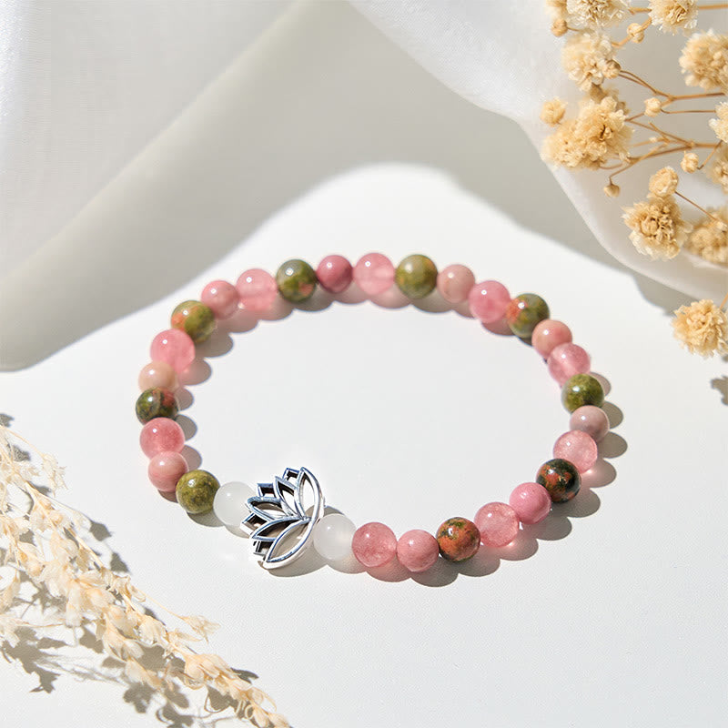 Buddha Stones Rhodonite Unakite Beads Lotus Healing Bracelet - Rhodonite&Unakite(Wrist Circumference: 15-17cm) - image 0