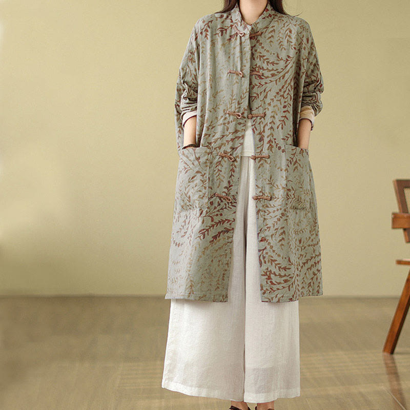 Buddha Stones Frog-button Vine Leaves Women's Coat With Pockets - image 1
