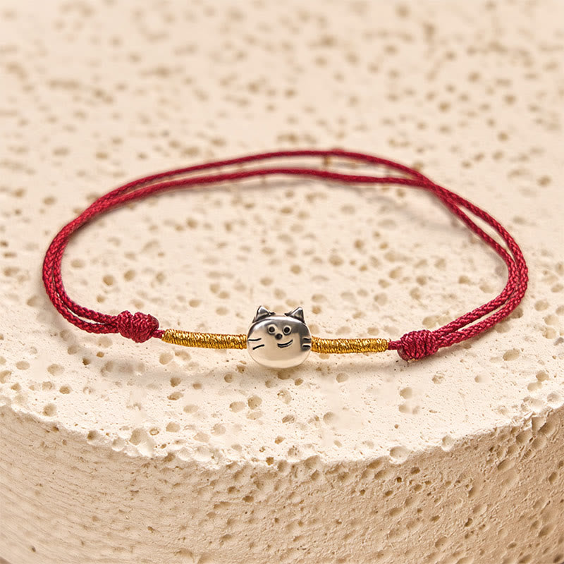 Buddha Stones 925 Sterling Silver Cute Cat Red String Braided Bracelet - image 1