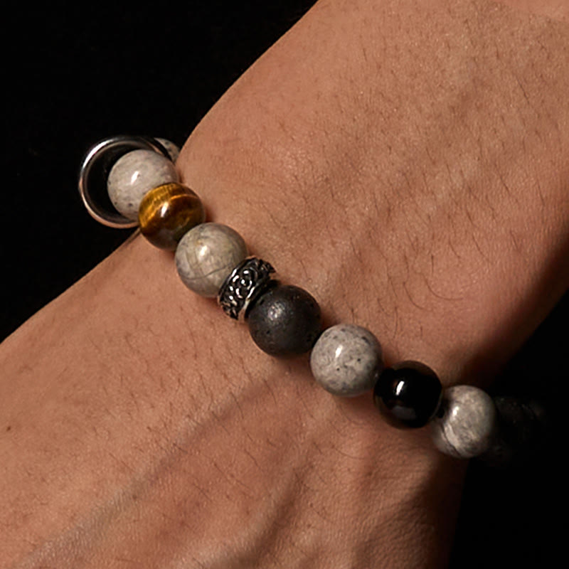 Buddha Stones Grey Jasper Lava Rock Silver Sheen Obsidian Tiger Eye Healing Bracelet - image 2