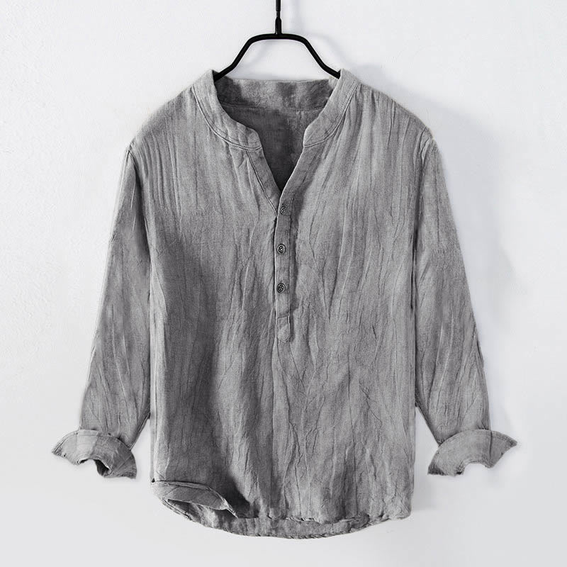 Buddha Stones Solid Color Long Sleeve Half Button Shirt Cotton Linen Men Clothing - Gray - US/UK/AU50,EU60 (5XL) - image 0