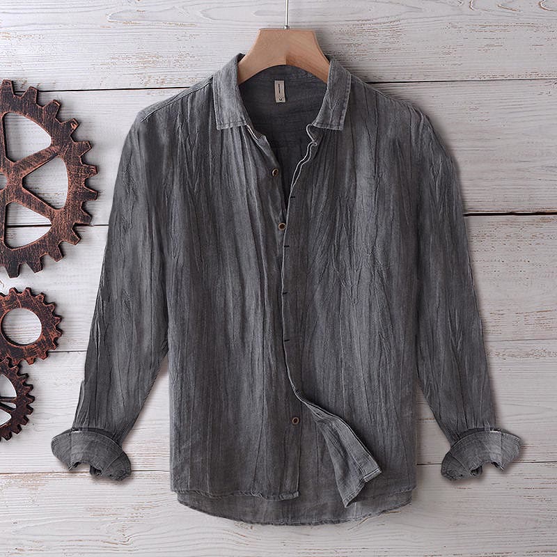 Buddha Stones Men's Shirt Solid Color Lapel Top Long Sleeve Comfy Button Crease Cotton Linen Shirt - Gray - US/UK/AU50,EU60 (5XL) - image 4